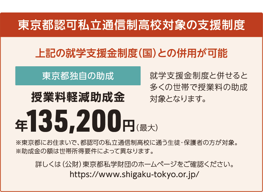 東京都認可私立通信制高校対象の支援制度